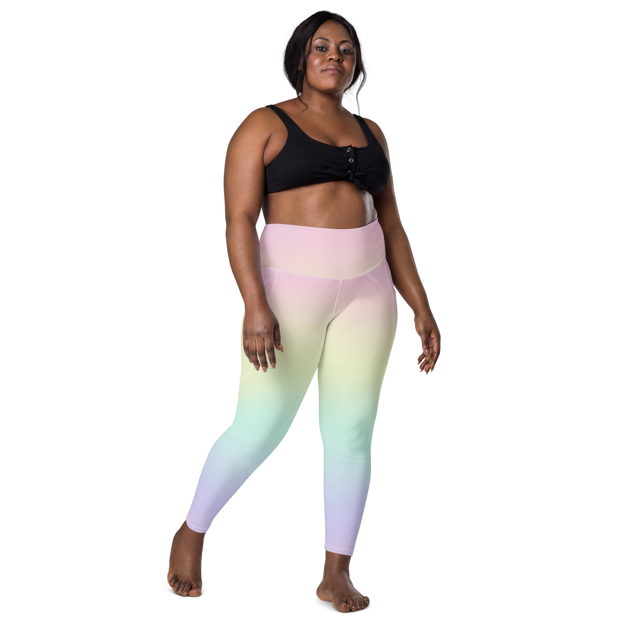 Women’s Pastel Rainbow Yoga Leggings With Pockets – High-Waisted, Soft Compression Active Pants