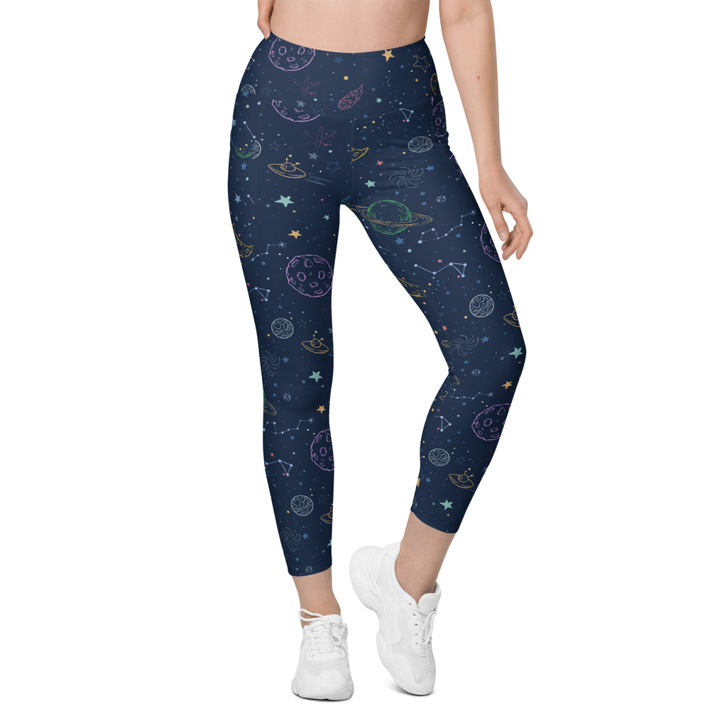 Women’s dark blue space-themed galaxy leggings with pockets high-waisted soft compression yoga pants with planets stars and constellations