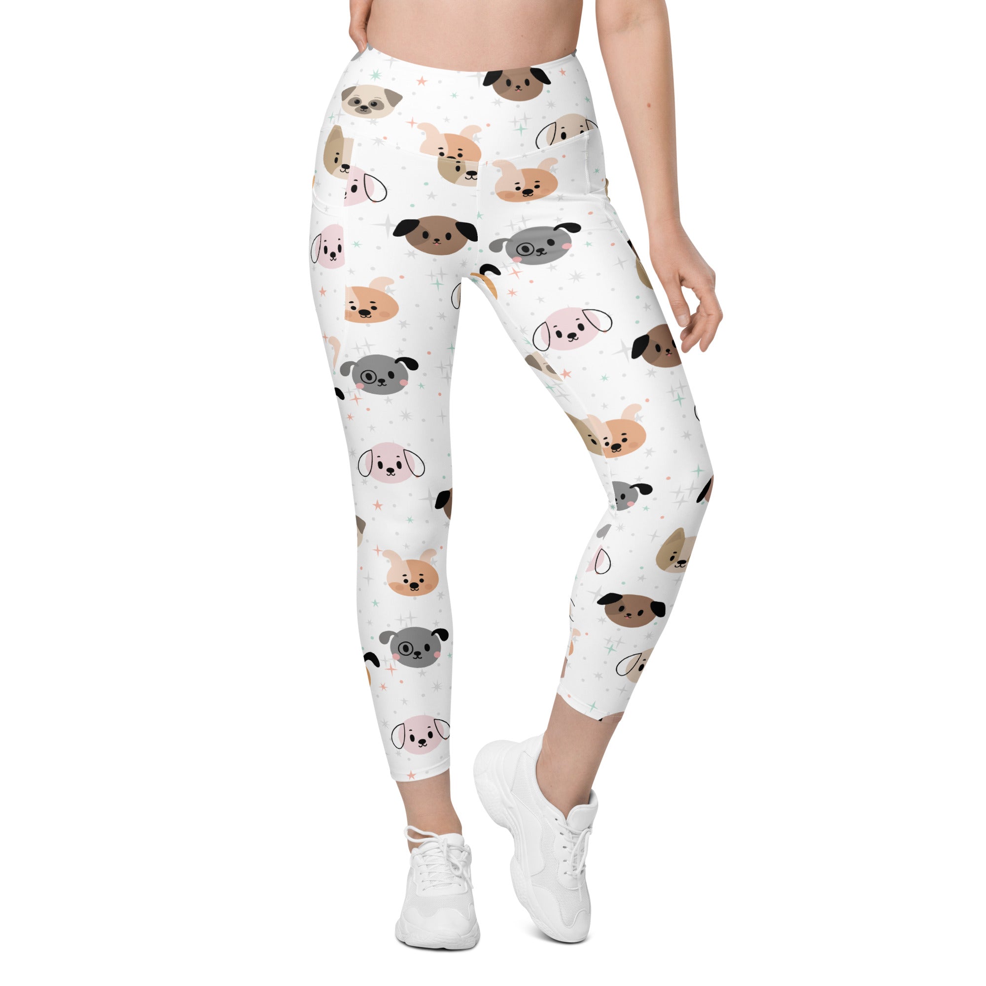 White women’s dog face yoga leggings with pockets feature high-waisted soft compression and colorful cartoon pug pattern