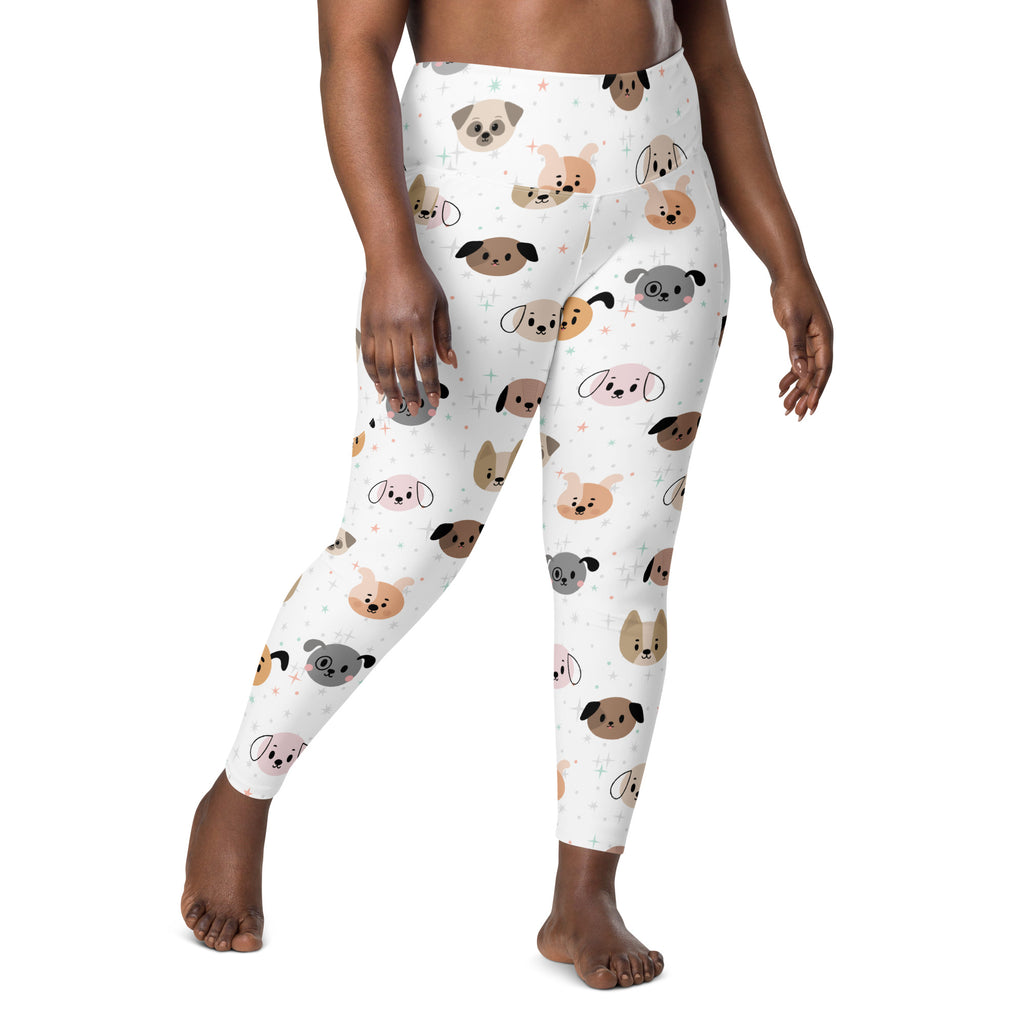 Women’s high waisted white dog face yoga leggings with soft compression and colorful cartoon puppy pattern and pockets