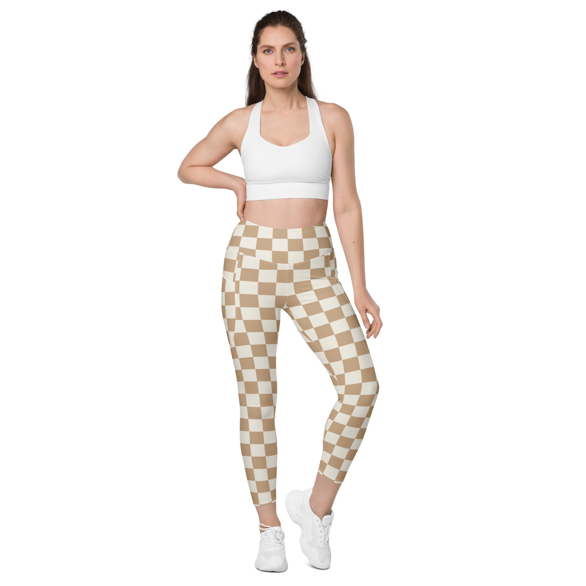 Beige and white checkered high-waisted women’s yoga leggings with pockets and soft compression fabric