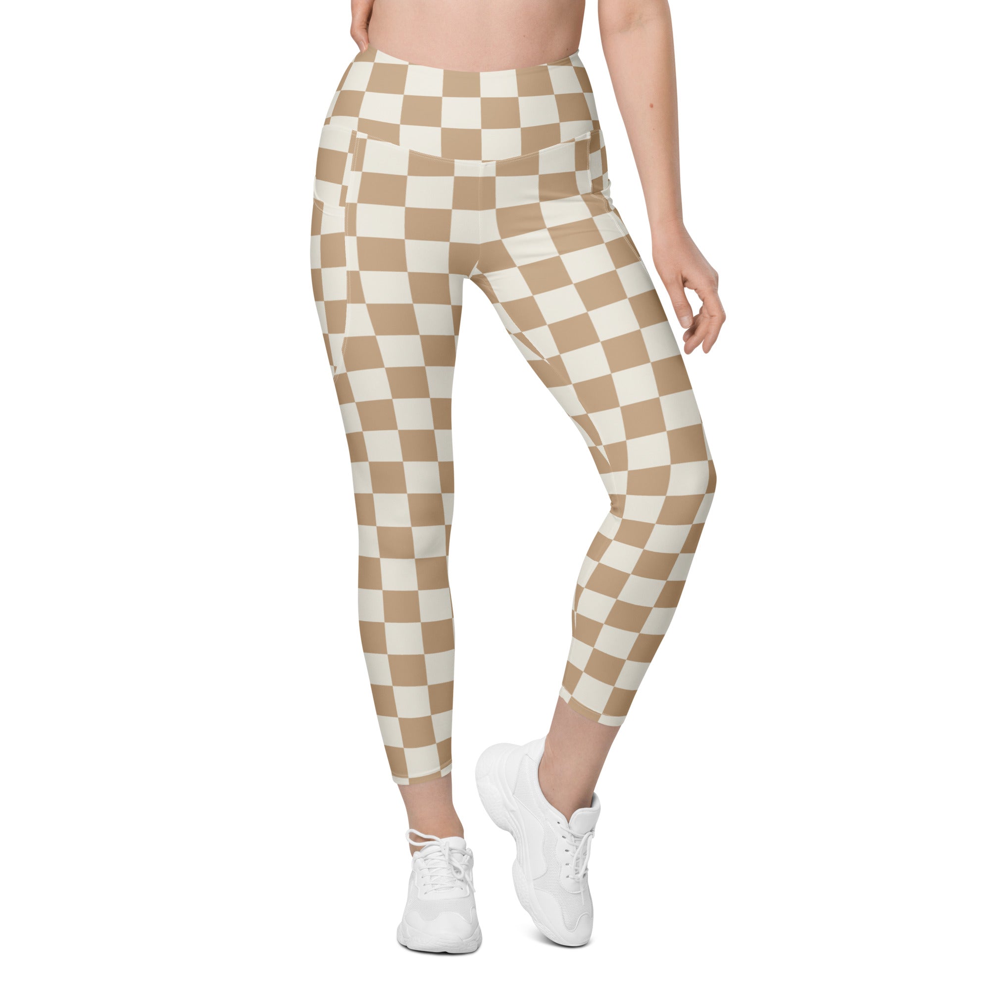 Beige and cream checkered high-waisted yoga leggings with pockets soft compression active pants for women