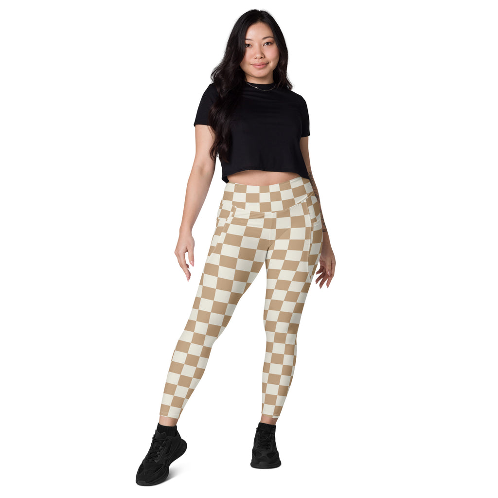 Beige and white checkered high-waisted yoga leggings with pockets soft compression active pants for women