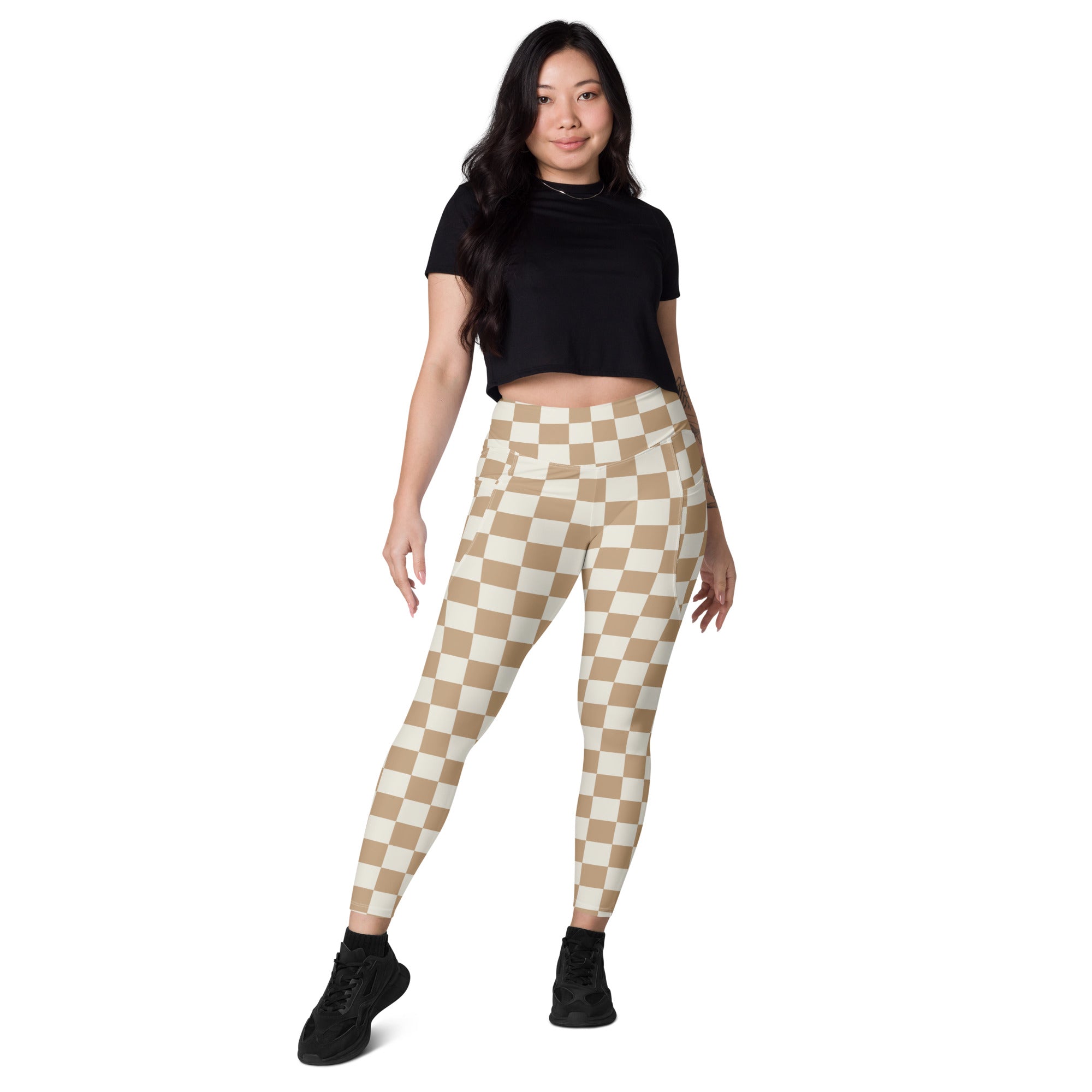 Beige and white checkered high-waisted yoga leggings with pockets soft compression active pants for women