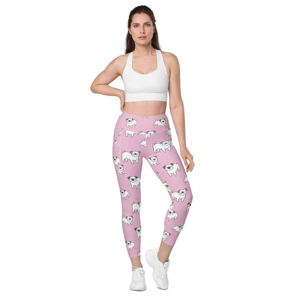 Women’s pink high-waisted yoga leggings with white pug pattern soft compression fabric and pockets for active wear