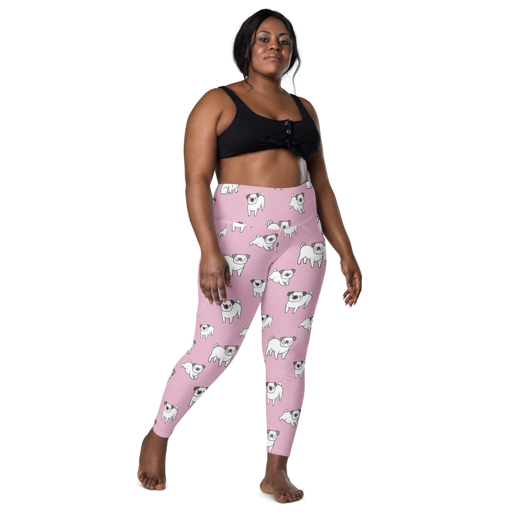 Women’s pink high-waisted yoga leggings with white pug pattern soft compression fabric and pockets