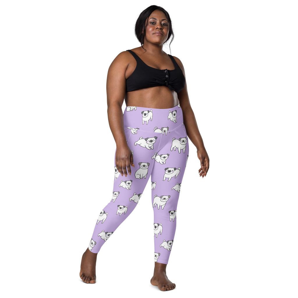 Women’s lilac high-waisted yoga leggings with soft compression and white pug pattern featuring pockets