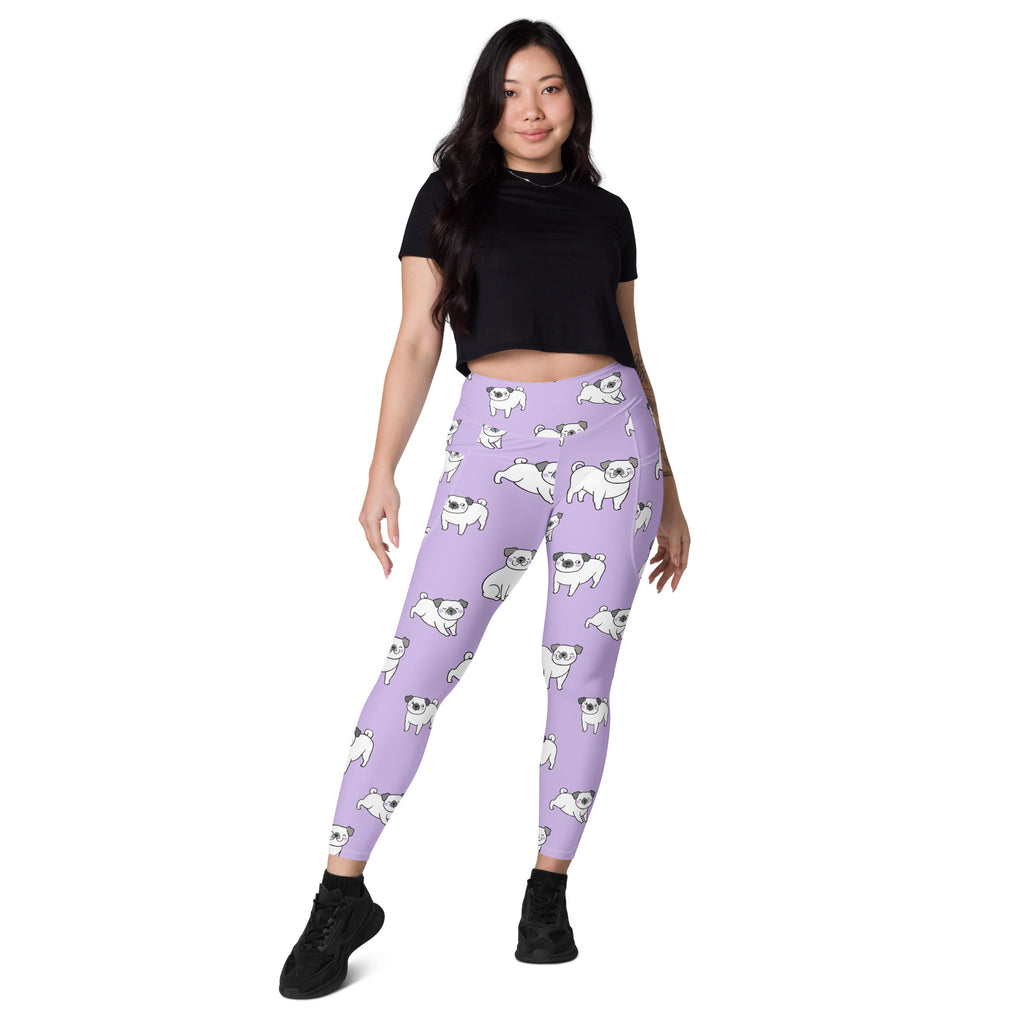 Women’s lilac purple pug yoga leggings with pockets high waisted soft compression featuring white cartoon pugs pattern