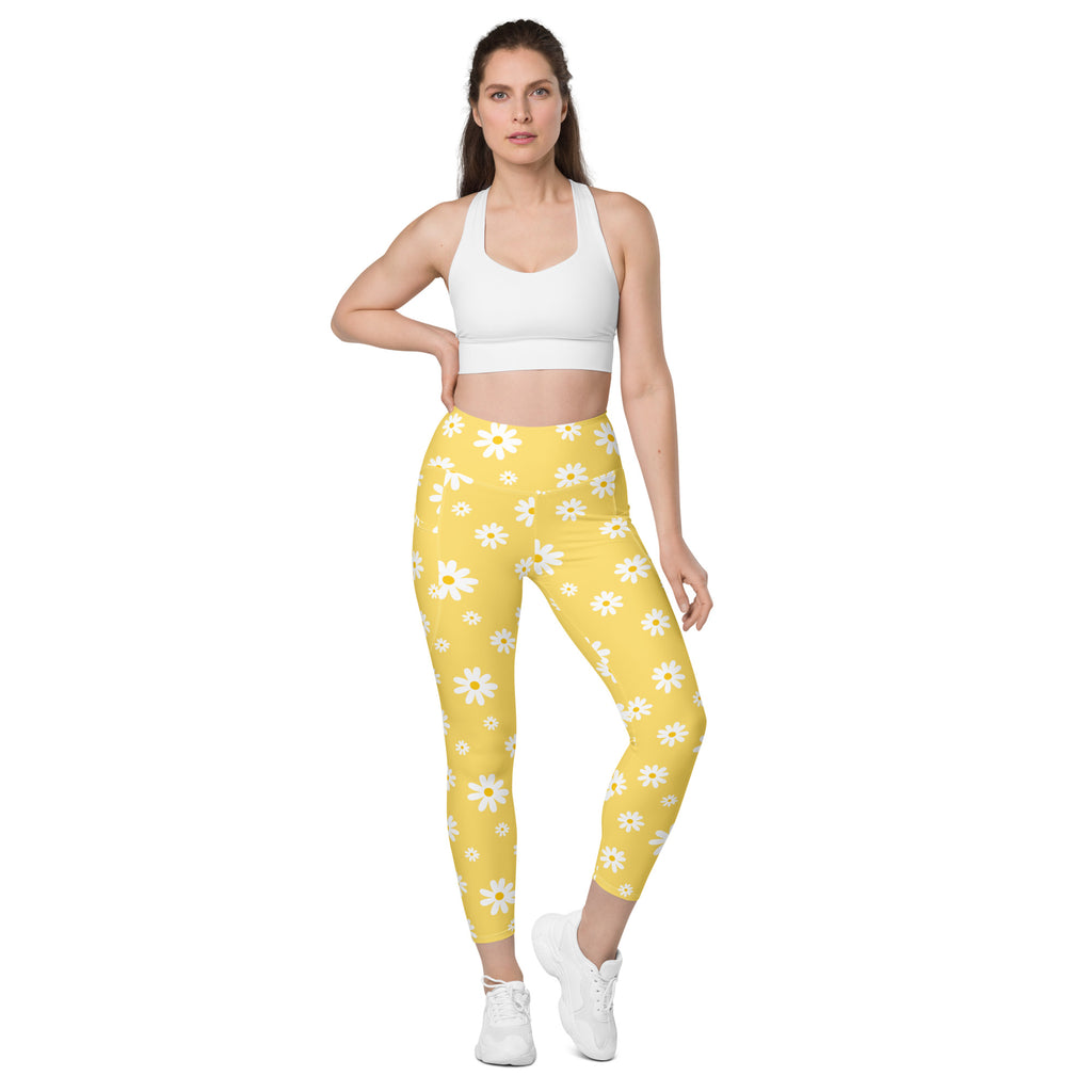 Women’s Yellow Daisy Yoga Leggings With Pockets – High-Waisted, Soft Compression Active Pants