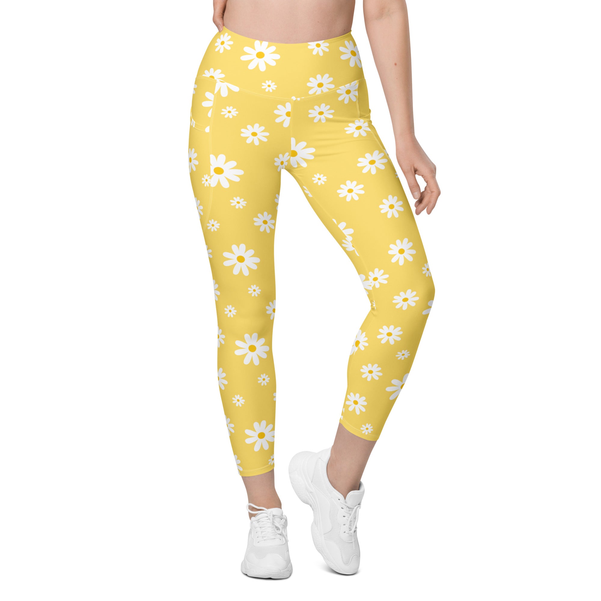 Women’s Yellow Daisy Yoga Leggings With Pockets – High-Waisted, Soft Compression Active Pants