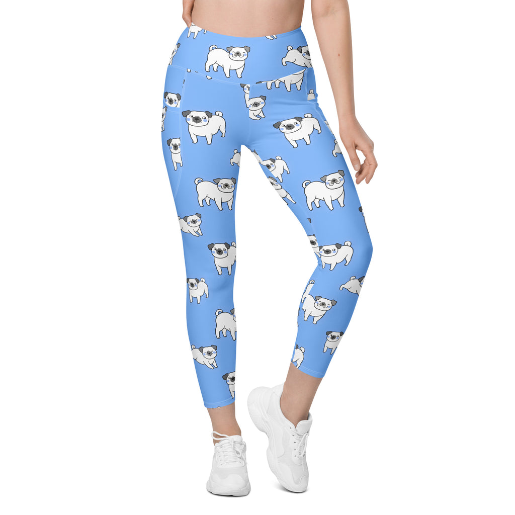 Women’s light blue high-waisted yoga leggings with soft compression and white cartoon pug pattern with pockets