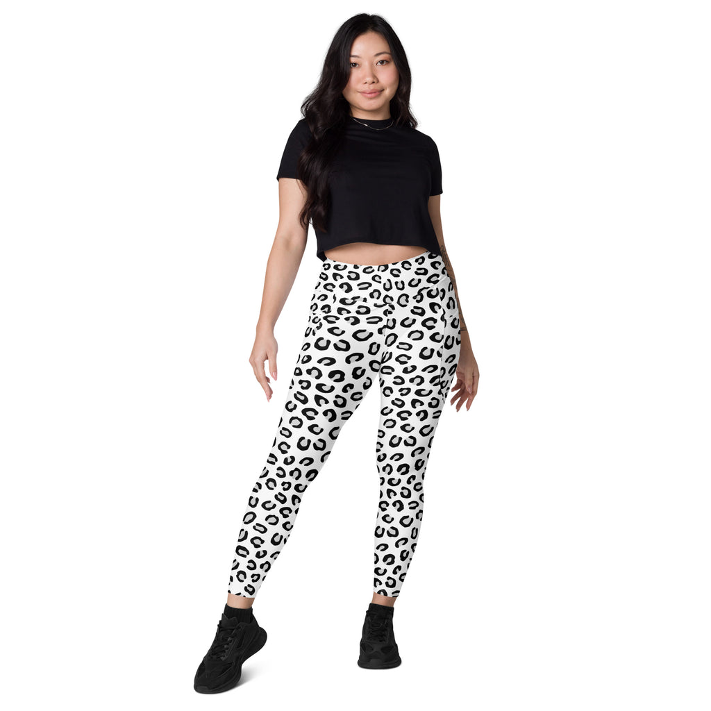 Women’s high-waisted black and white leopard print yoga leggings with pockets soft compression active pants