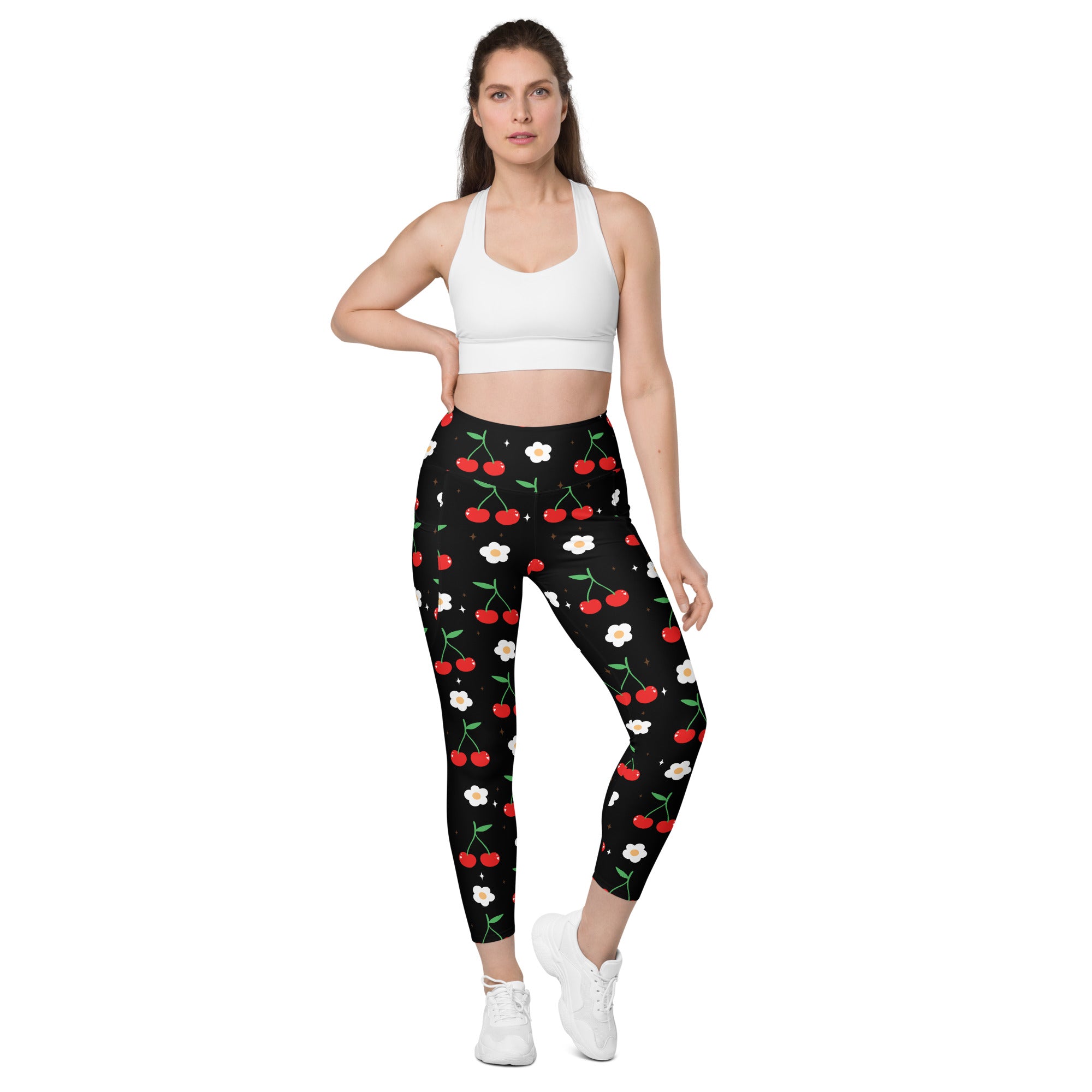 Women’s high-waisted black leggings with red cherry and white flower print soft compression pockets