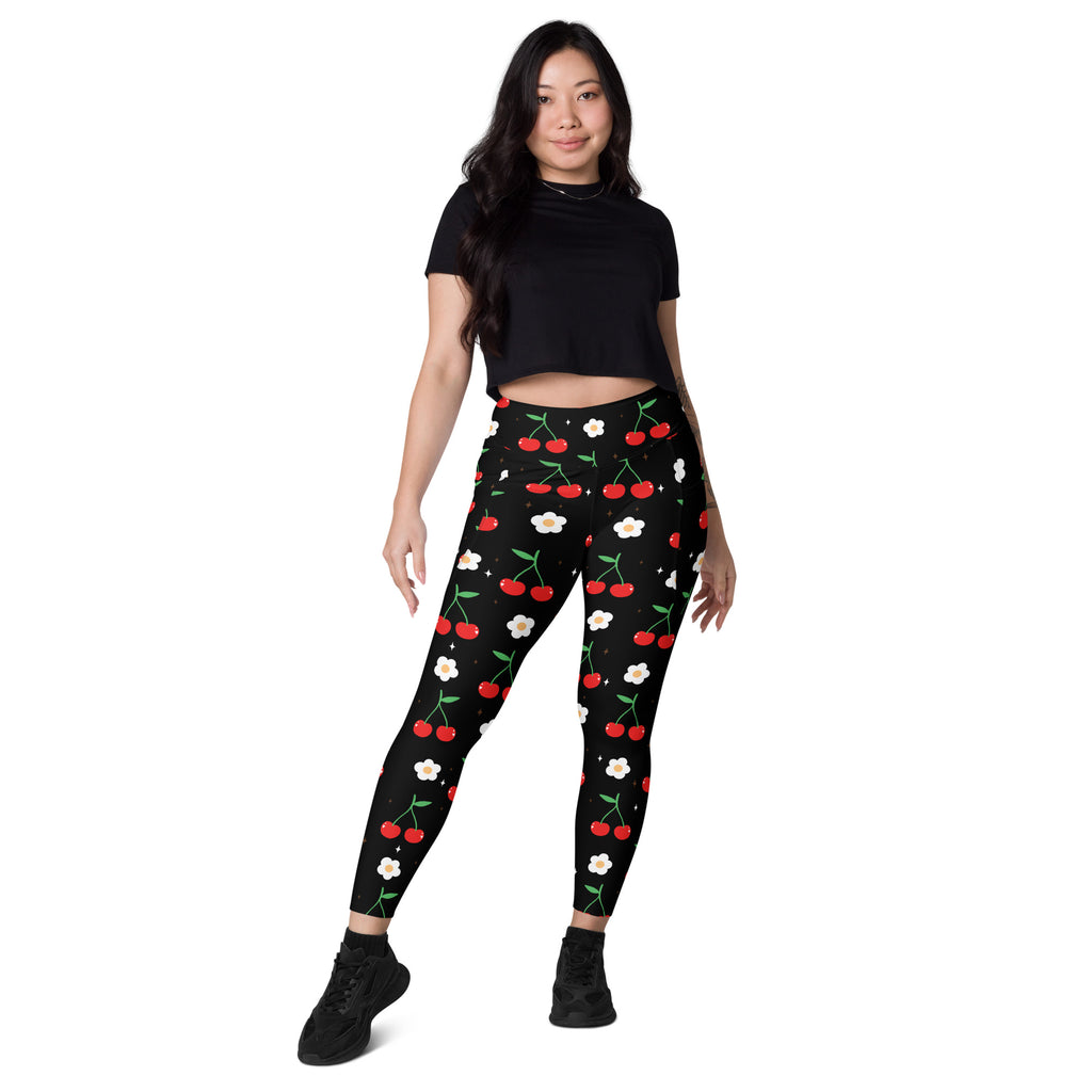 Women’s black leggings with red cherry and white flower pattern high-waisted soft compression yoga pants with pockets