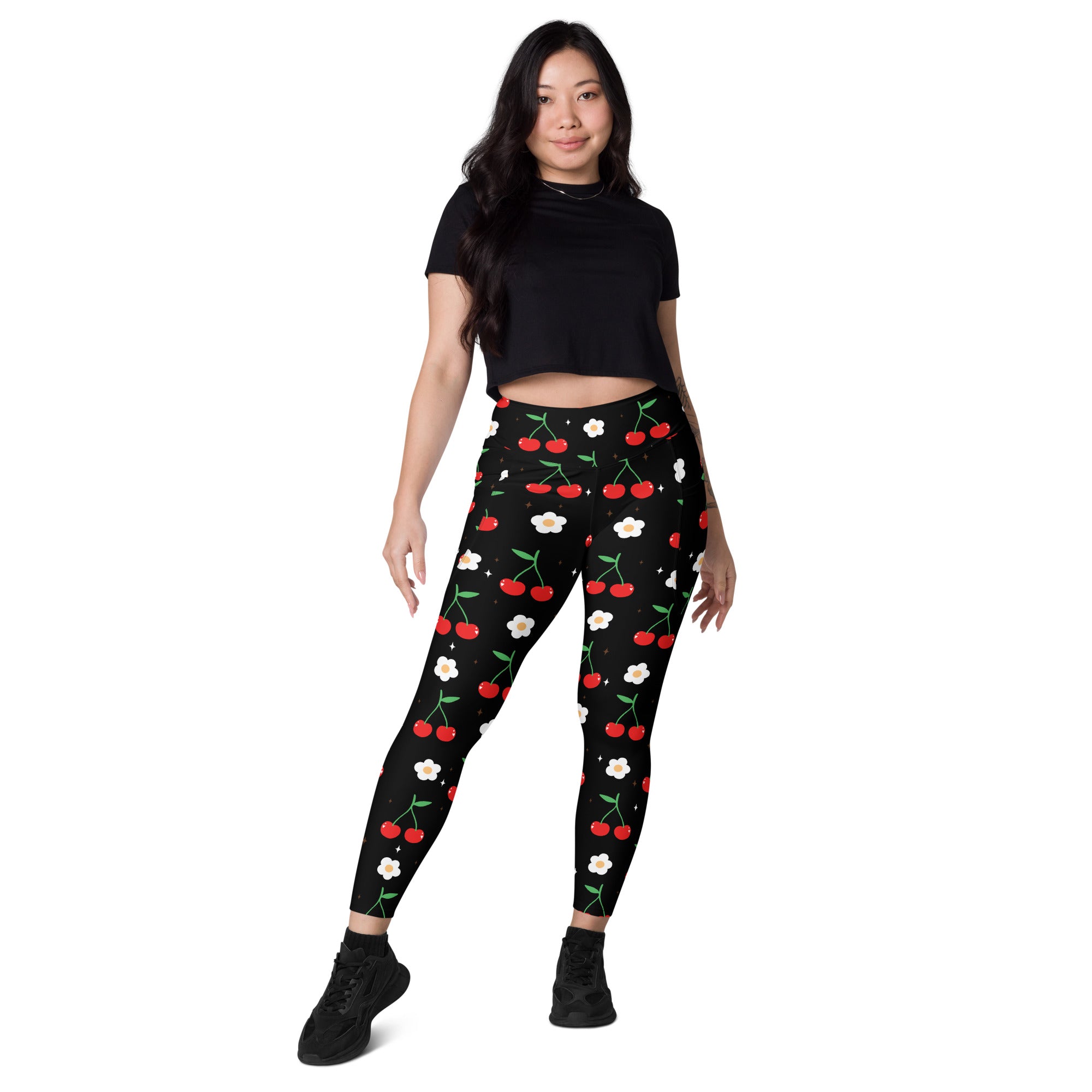 Women’s black leggings with red cherry and white flower pattern high-waisted soft compression yoga pants with pockets