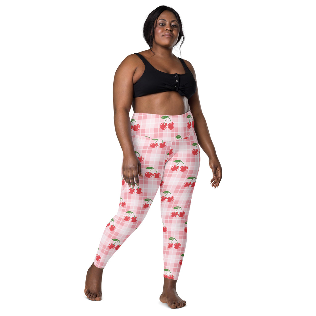 Women’s pink and white plaid cherry gingham yoga leggings with pockets high waisted soft compression active pants