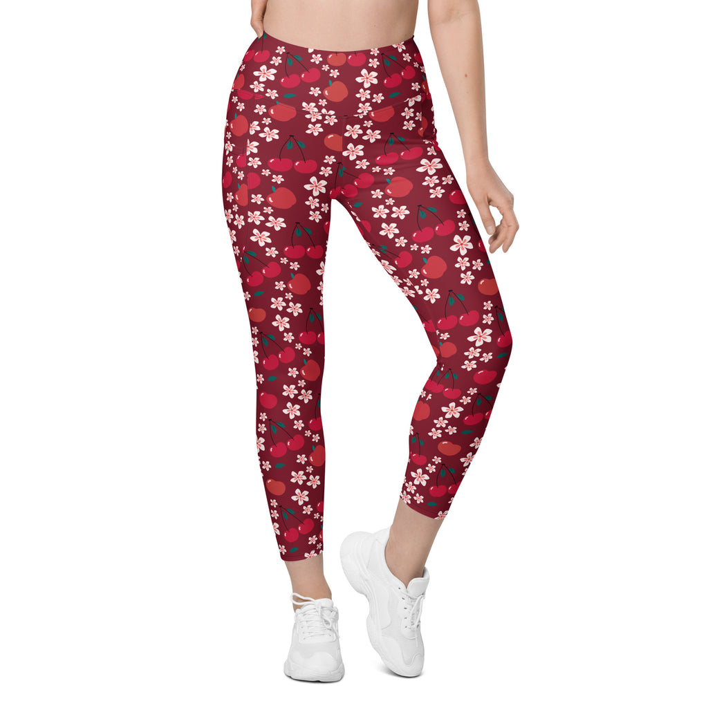 Women’s cherry blossom yoga leggings with pockets featuring red cherry and pink flower pattern high-waisted soft compression