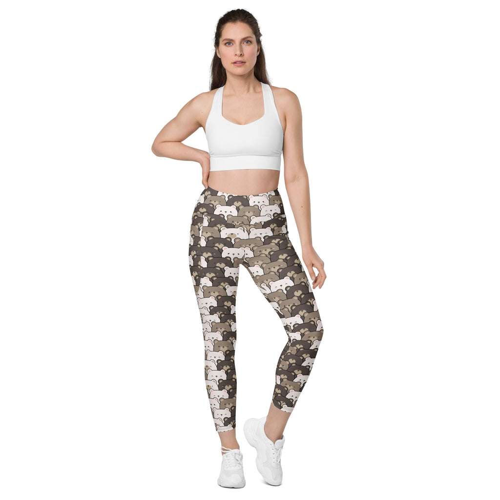 Women’s high-waisted bear face yoga leggings with pockets featuring a playful game controller pattern on dark brown