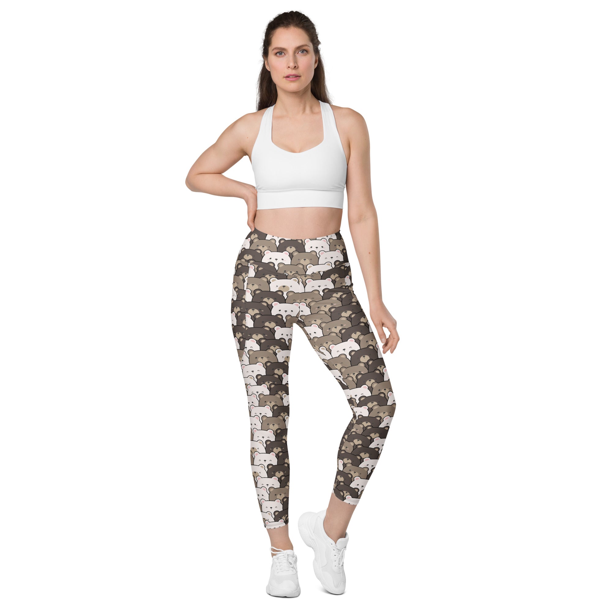 Women’s high-waisted bear face yoga leggings with pockets featuring a playful game controller pattern on dark brown