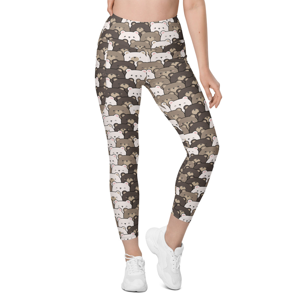 Women’s high-waisted bear face yoga leggings with pockets in soft compression fabric featuring white beige and brown bears