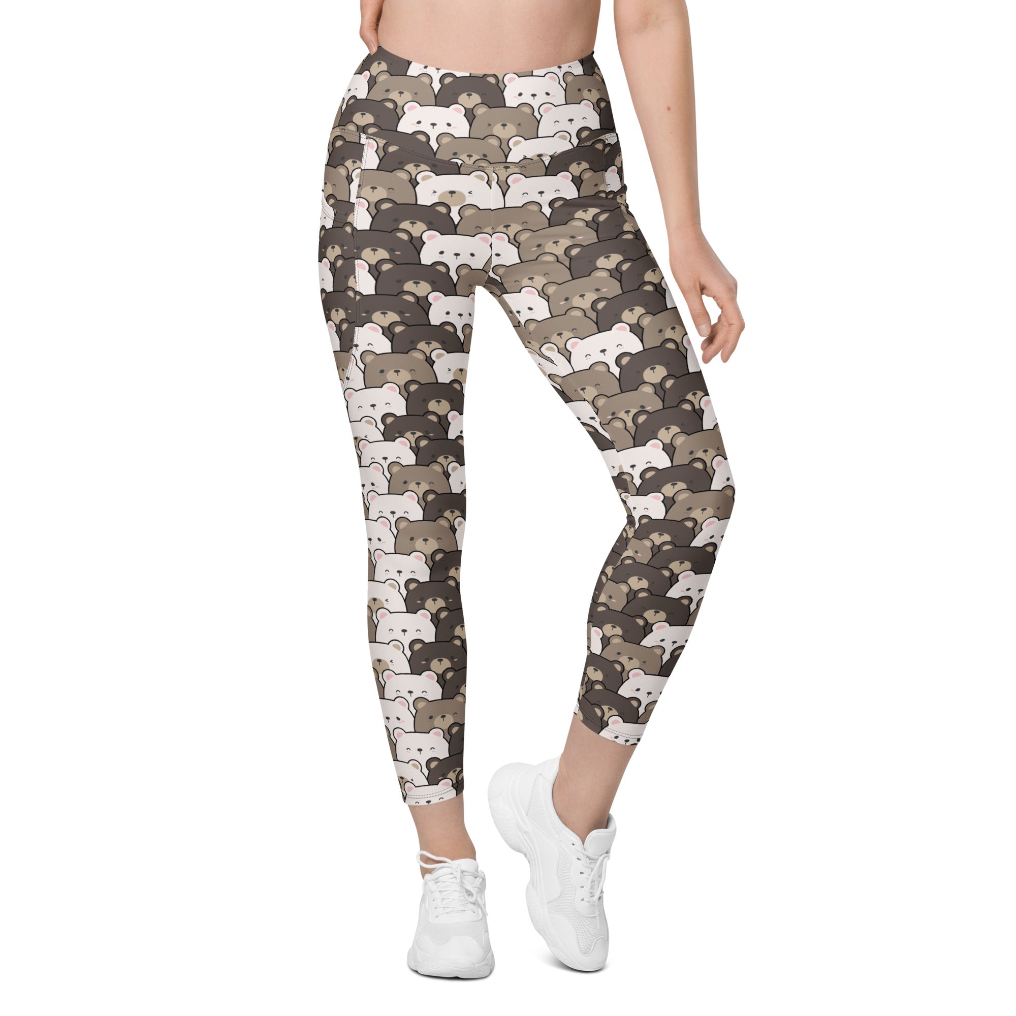 Women’s high-waisted bear face yoga leggings with pockets in soft compression fabric featuring white beige and brown bears