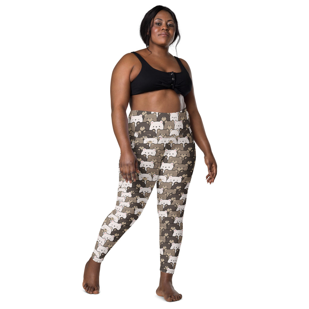 Women’s high-waisted bear face yoga leggings with pockets featuring a beige gray and white cartoon bear pattern
