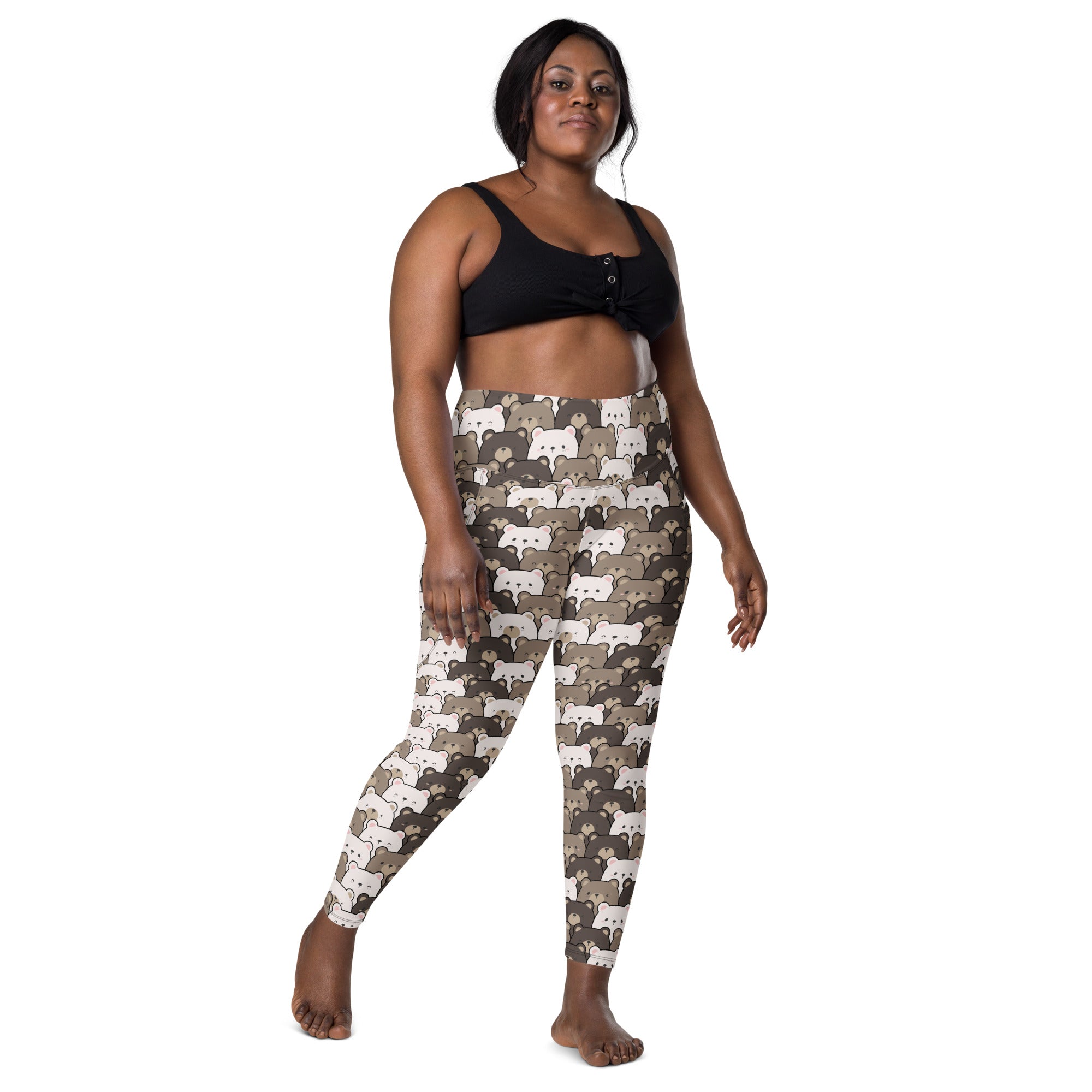 Women’s high-waisted bear face yoga leggings with pockets featuring a beige gray and white cartoon bear pattern