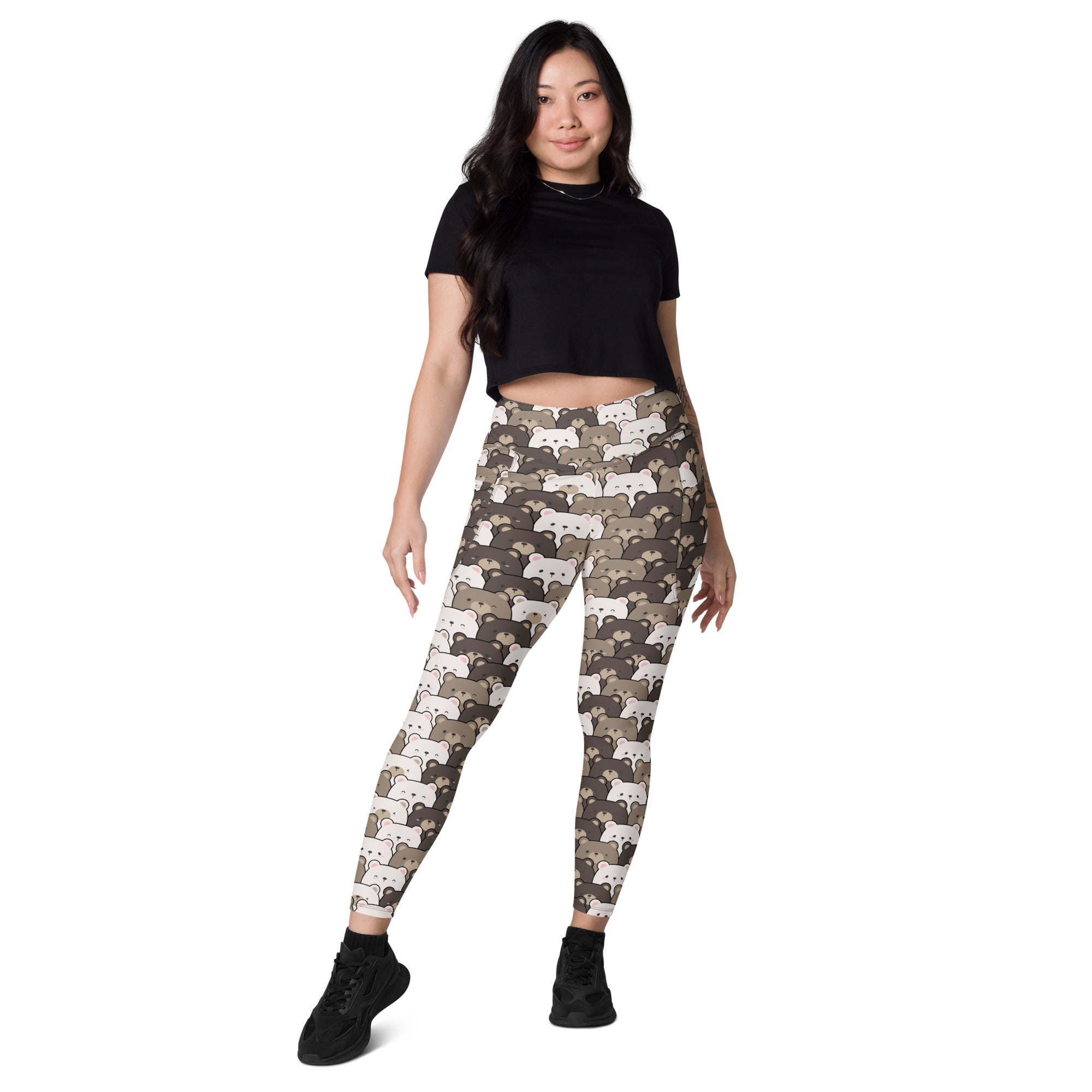 Women’s bear face high-waisted yoga leggings with pockets featuring camouflage and white gray game controller print