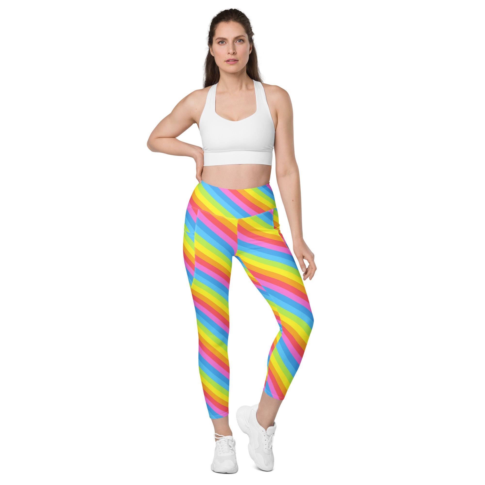 Women’s Rainbow Stripe Yoga Leggings With Pockets – High-Waisted, Soft Compression Active Pants