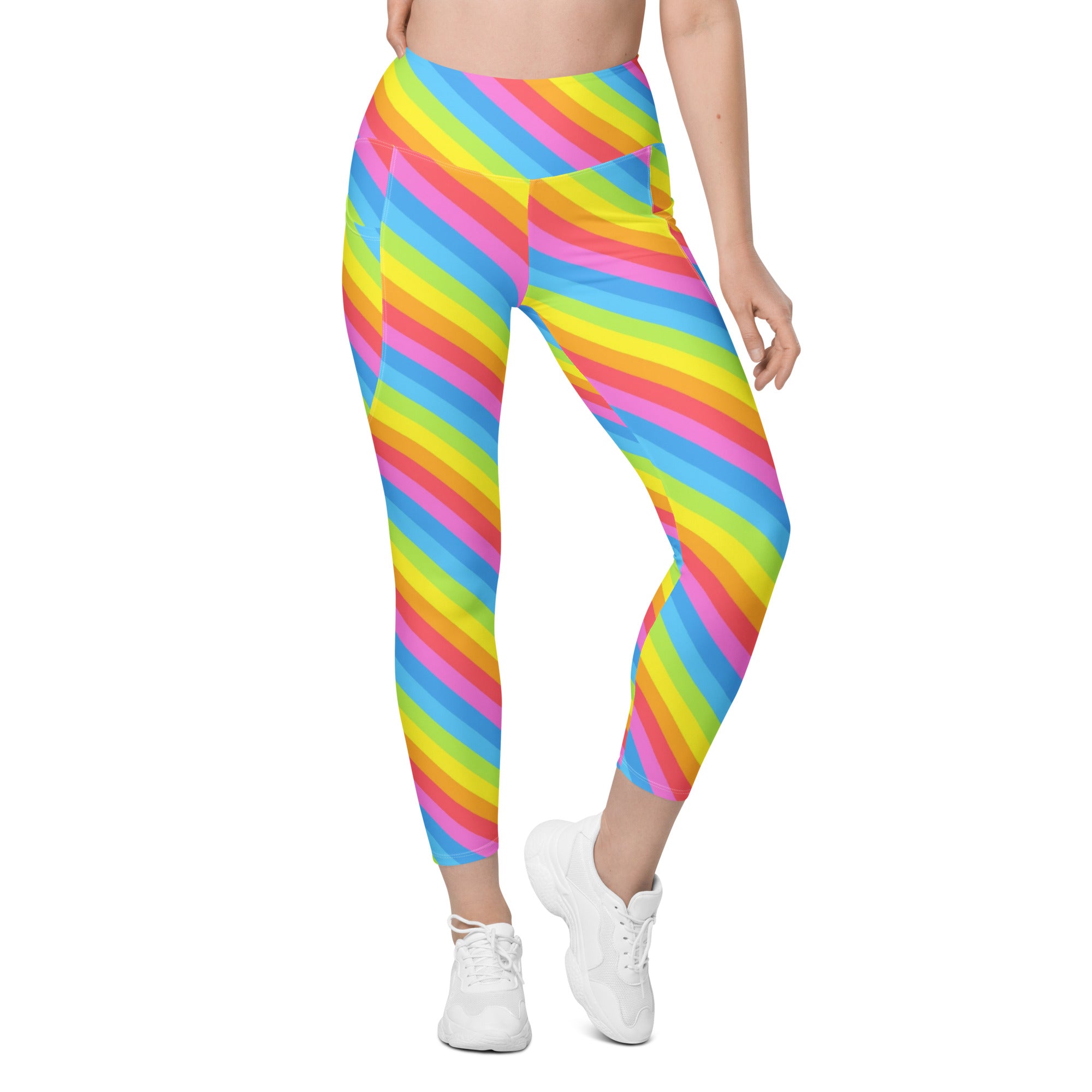 Women’s Rainbow Stripe Yoga Leggings With Pockets – High-Waisted, Soft Compression Active Pants