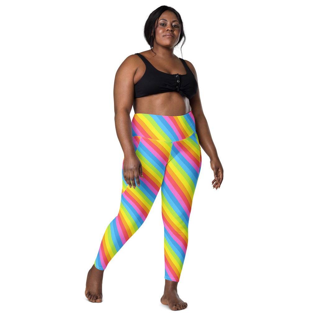 Women’s Rainbow Stripe Yoga Leggings With Pockets – High-Waisted, Soft Compression Active Pants