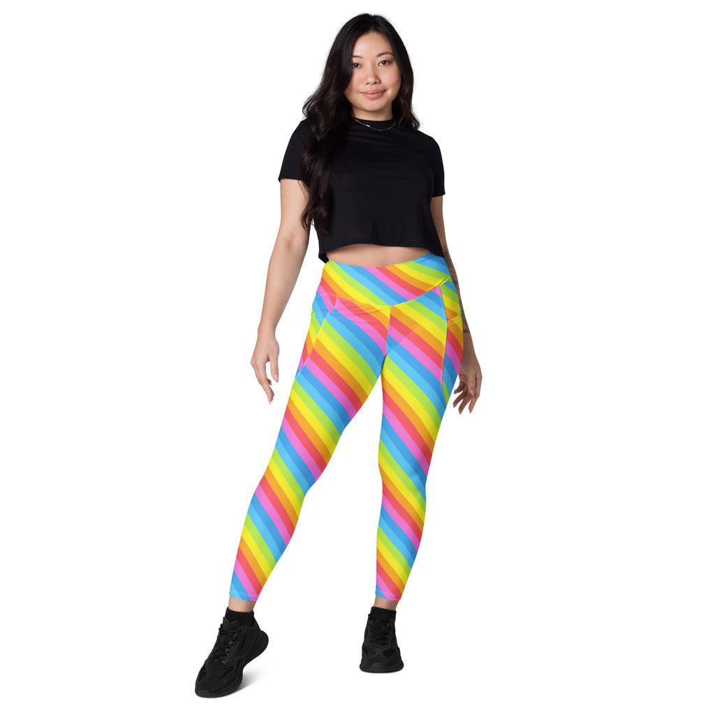 Women’s Rainbow Stripe Yoga Leggings With Pockets – High-Waisted, Soft Compression Active Pants