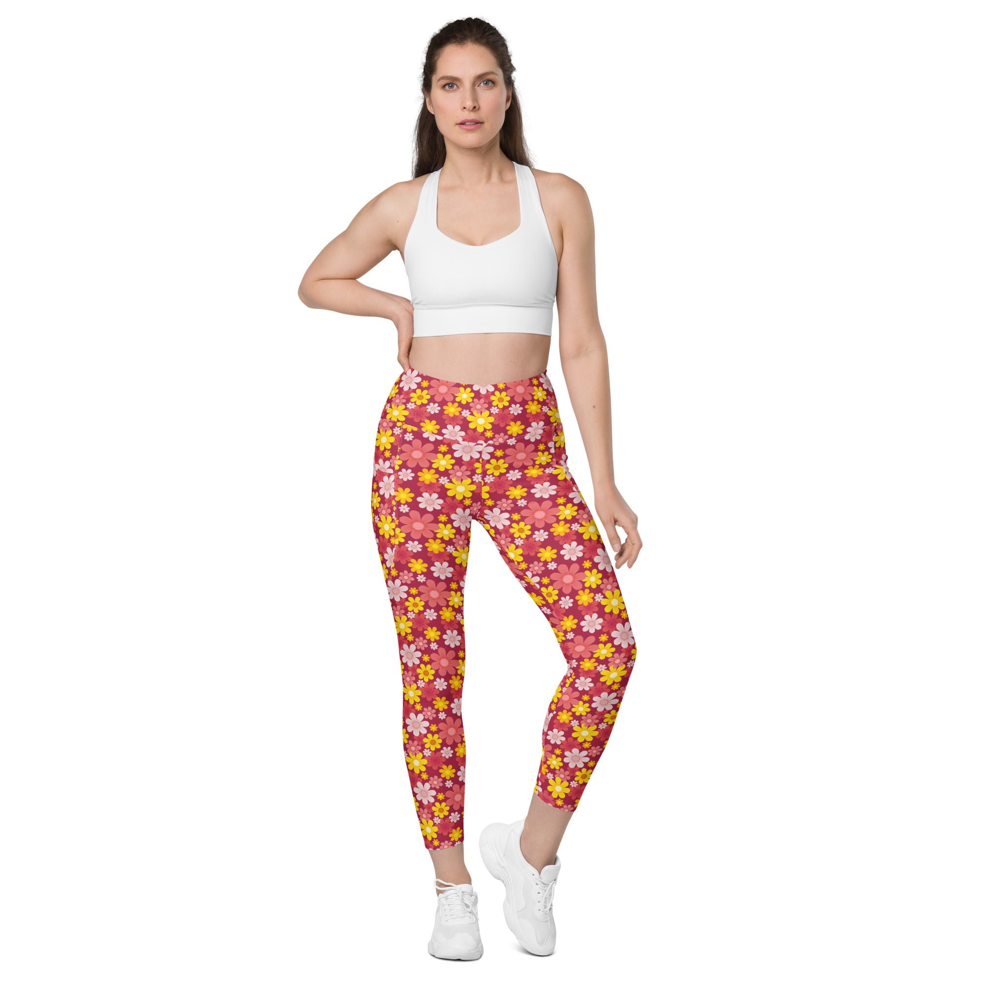 Women’s high-waisted pink and yellow floral yoga leggings with pockets soft compression active pants
