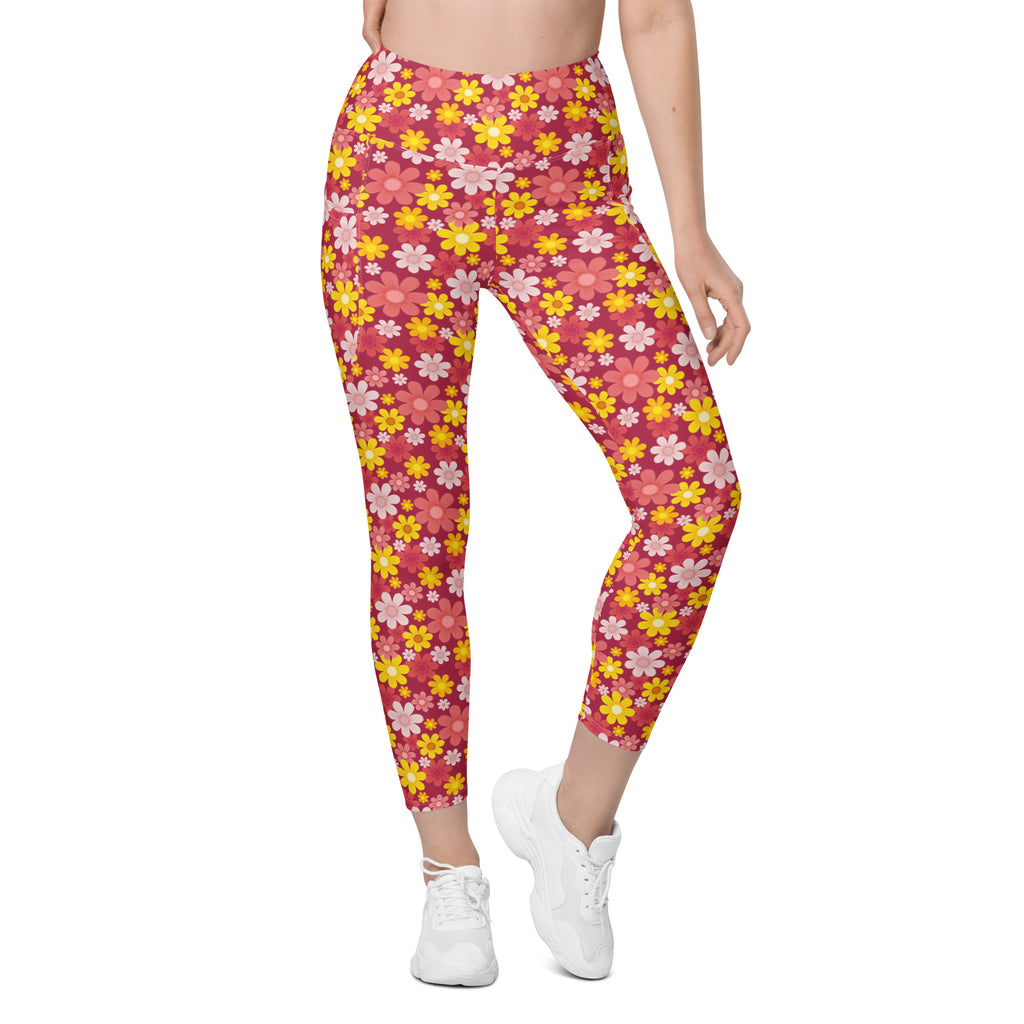 Women’s high-waisted pink and yellow floral yoga leggings with pockets soft compression active pants