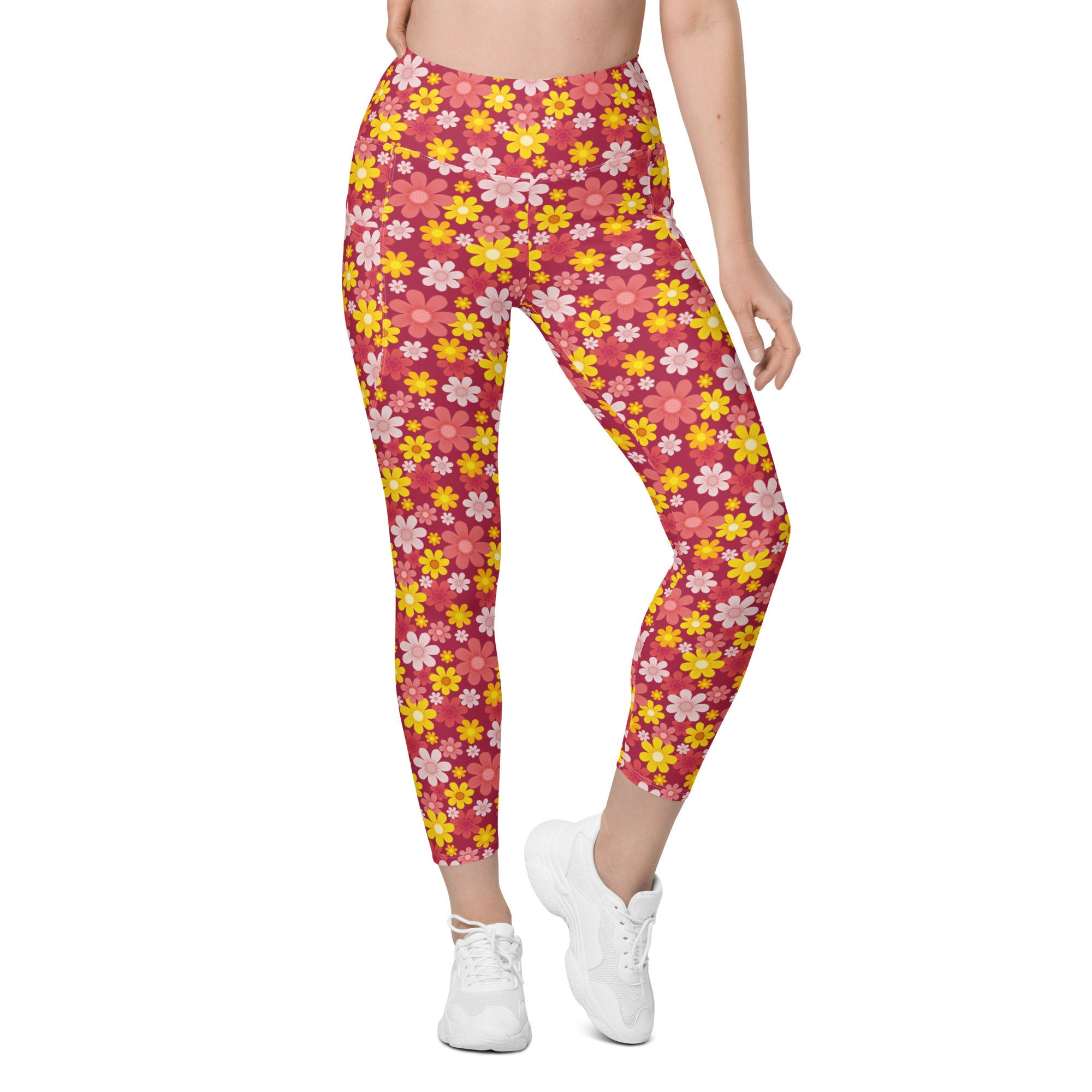 Women’s high-waisted pink and yellow floral yoga leggings with pockets soft compression active pants
