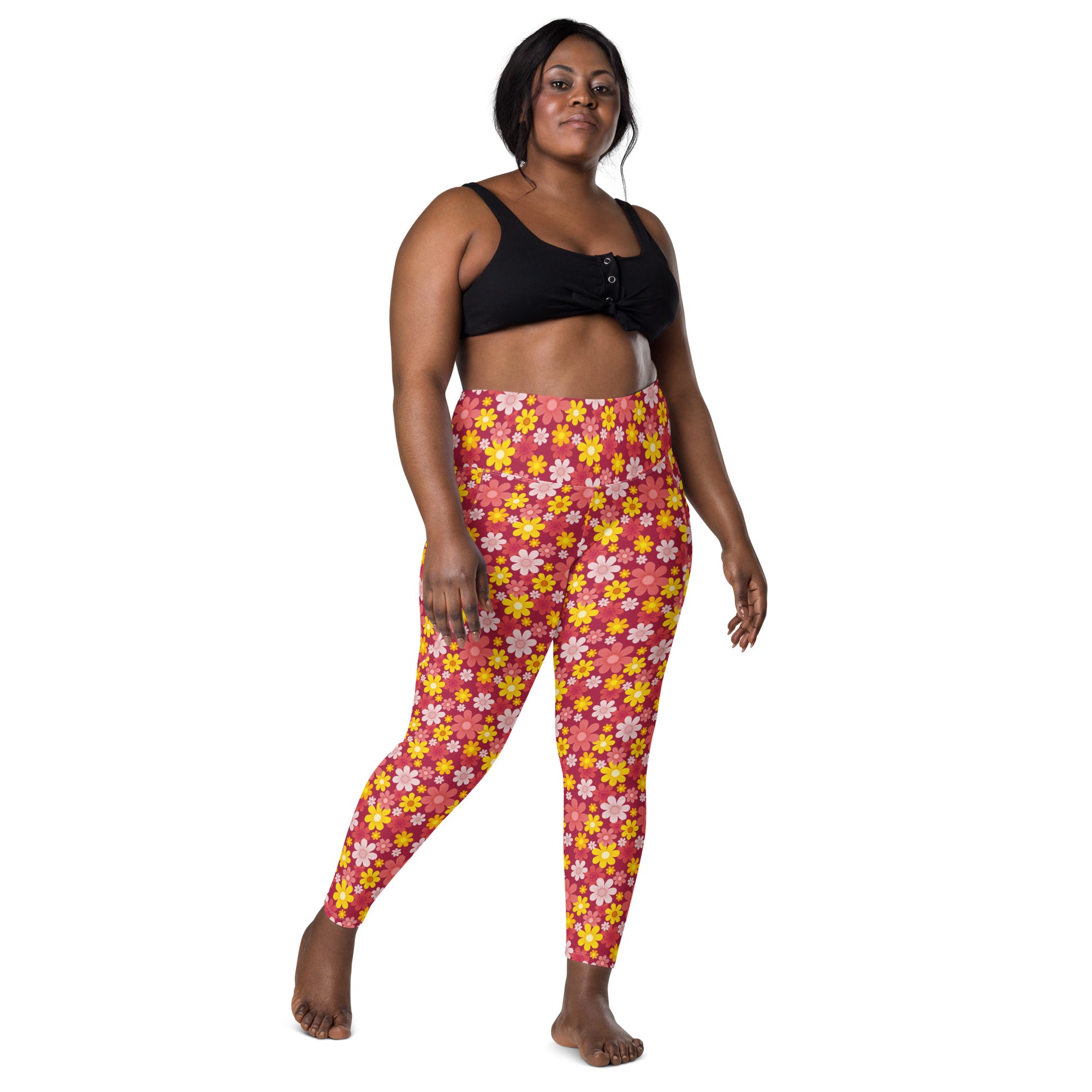 Women’s high-waisted pink and yellow floral yoga leggings with pockets soft compression active pants