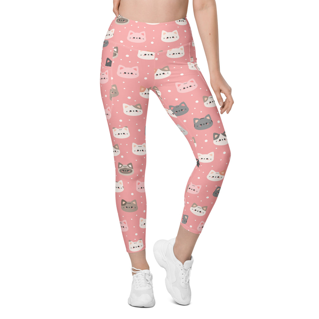 Women’s cute pink cat faces high waisted yoga leggings with pockets featuring white and gray cartoon cats on soft pink