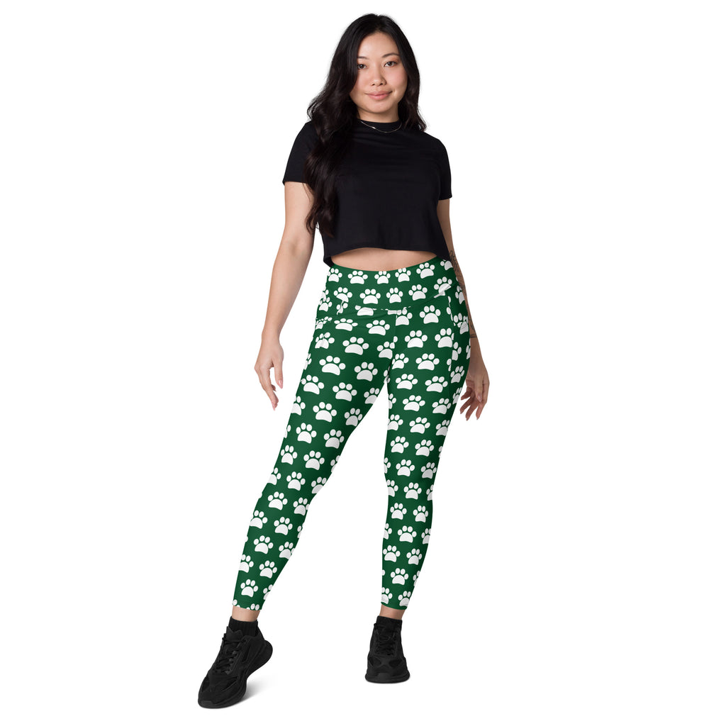 Women’s high-waisted green paw print yoga leggings with pockets soft compression active pants