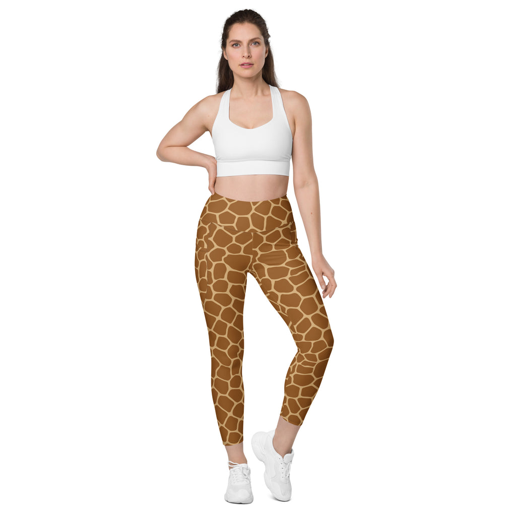 Women’s high-waisted brown giraffe print yoga leggings with pockets and soft compression for active wear