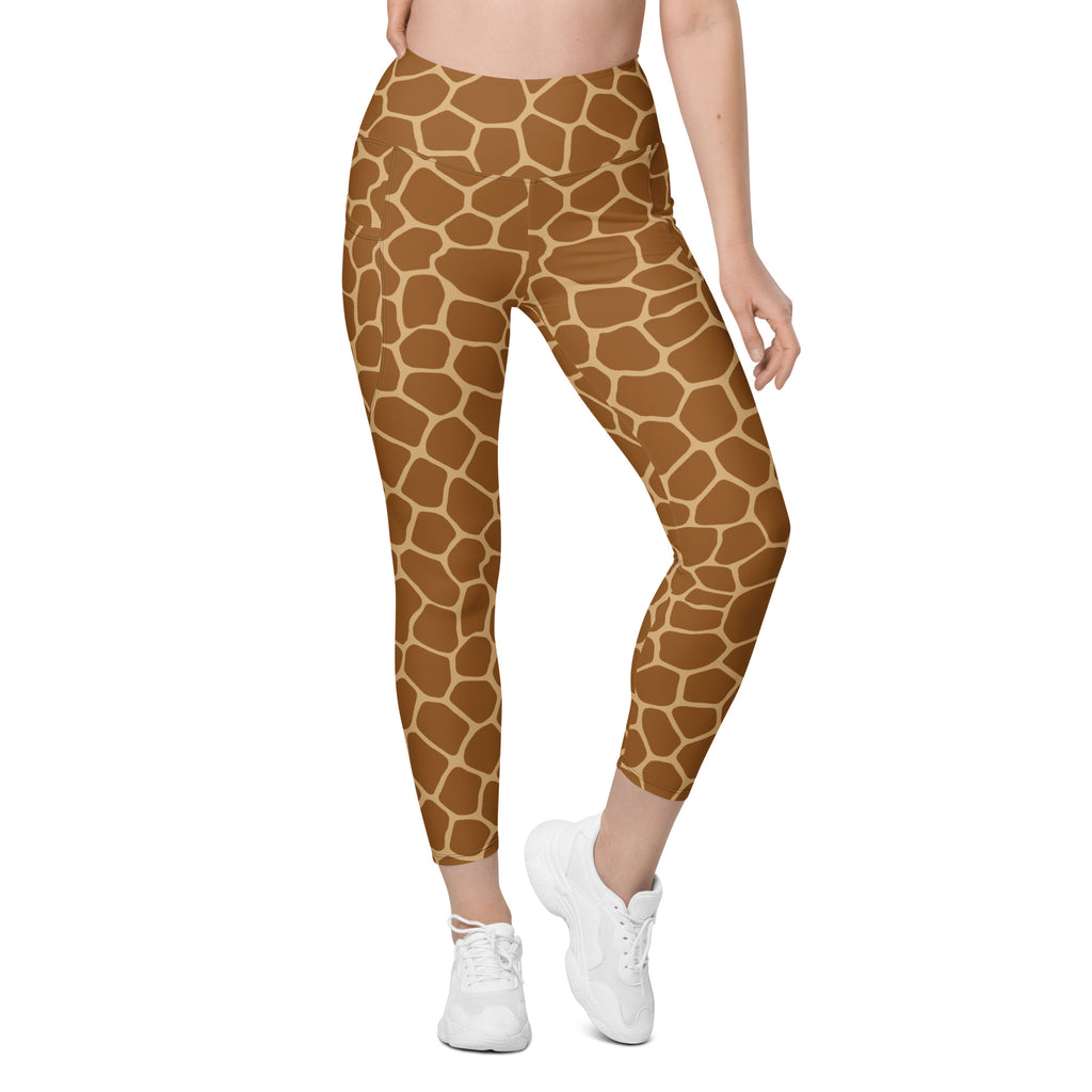 Women’s giraffe print high-waisted yoga leggings with pockets in brown soft compression fabric