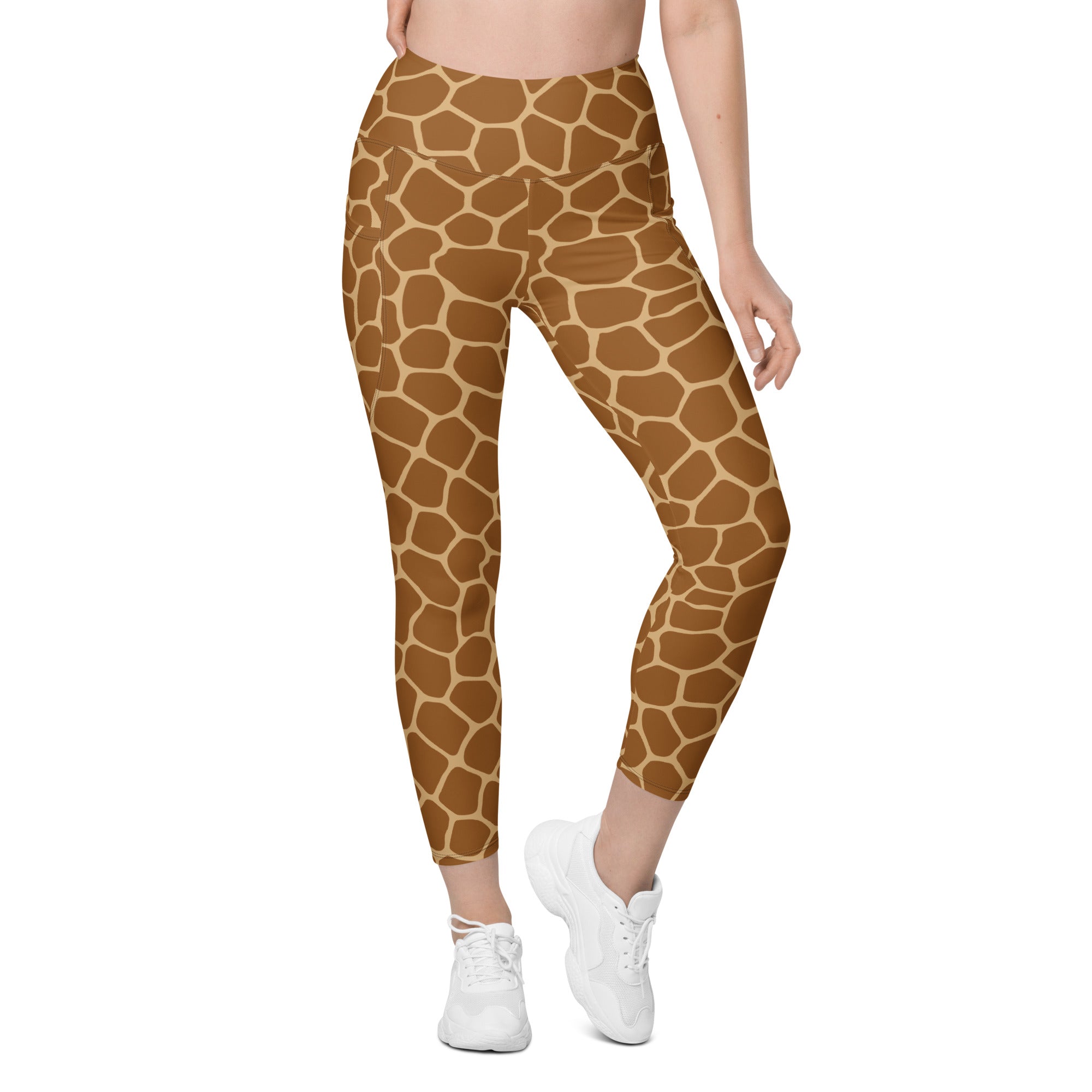 Women’s giraffe print high-waisted yoga leggings with pockets in brown soft compression fabric