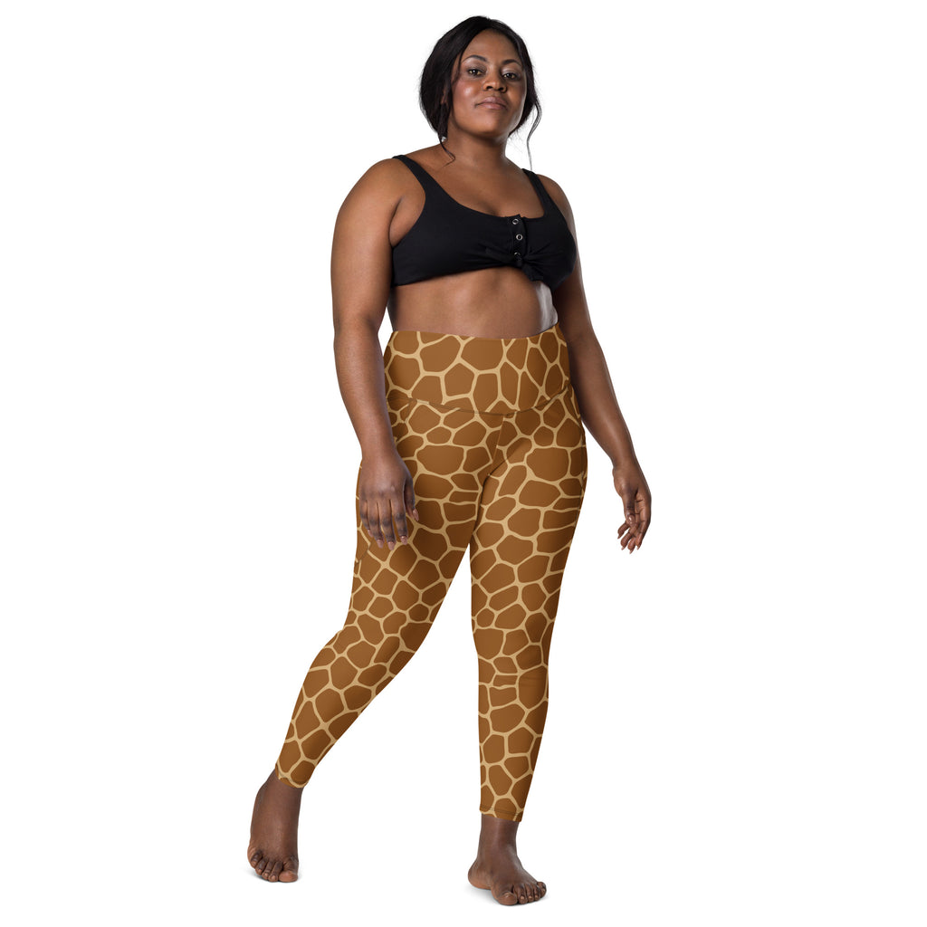 Brown giraffe print high waisted yoga leggings with pockets soft compression active pants for women