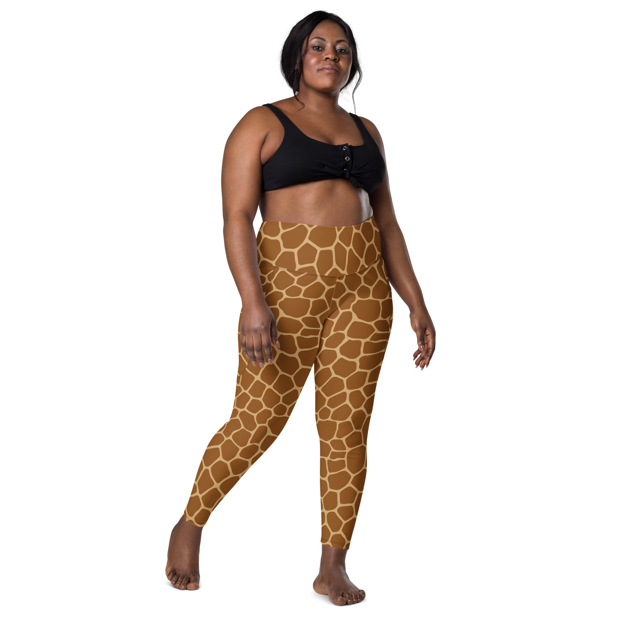 Brown giraffe print high waisted yoga leggings with pockets soft compression active pants for women
