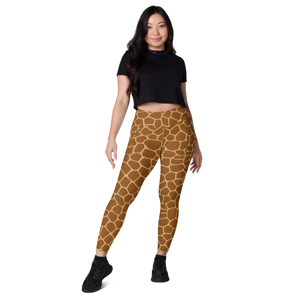 Women’s giraffe print yoga leggings with pockets high-waisted stretchy soft compression fabric in bold brown and tan patterns