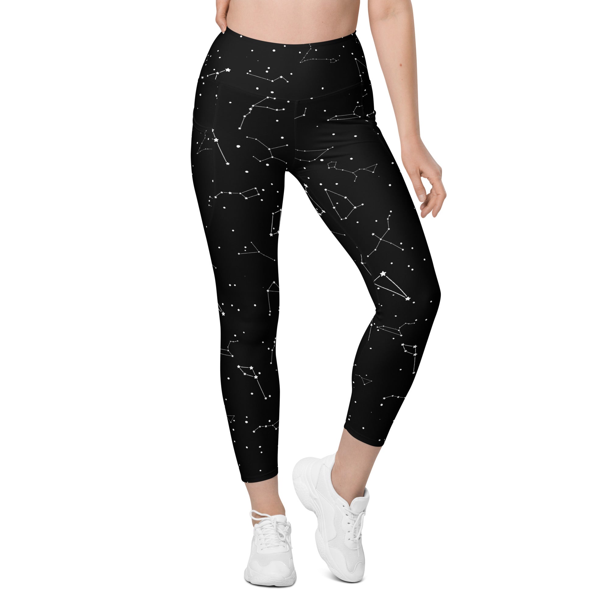 Women’s black star map yoga leggings with white constellation outlines high-waisted soft compression pants