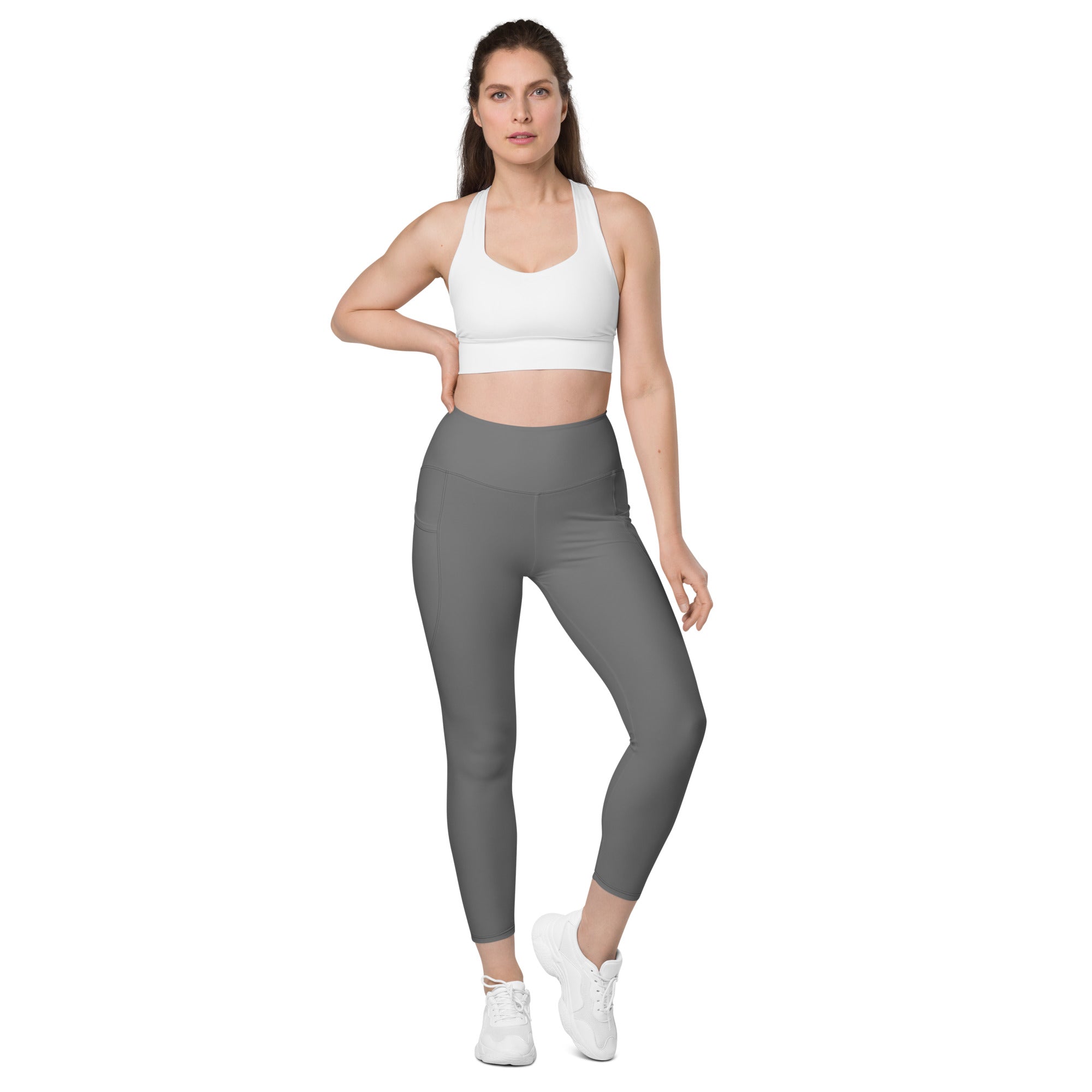 Women’s gray high-waisted seamless yoga leggings with pockets soft compression fabric for active wear