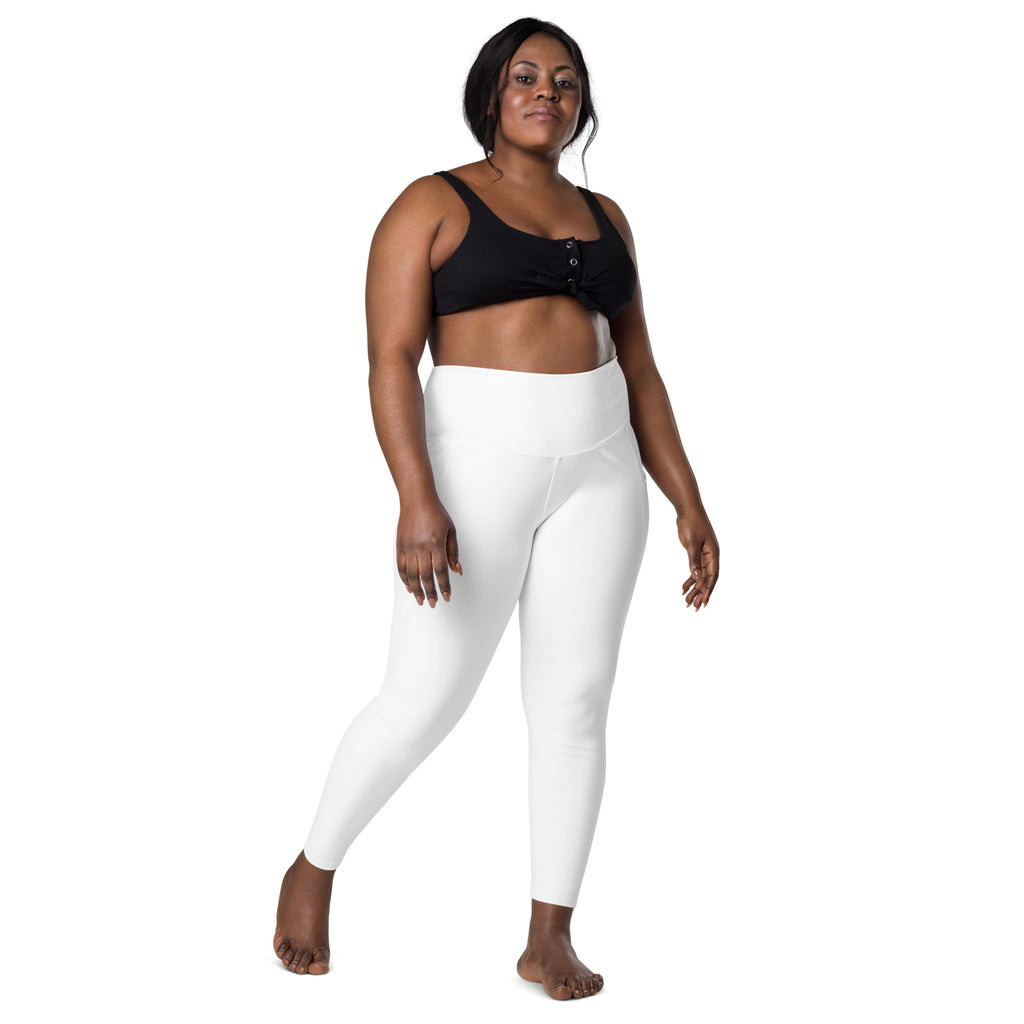 Women’s white high-waisted yoga leggings with pockets soft compression fabric for active wear shown from the back side