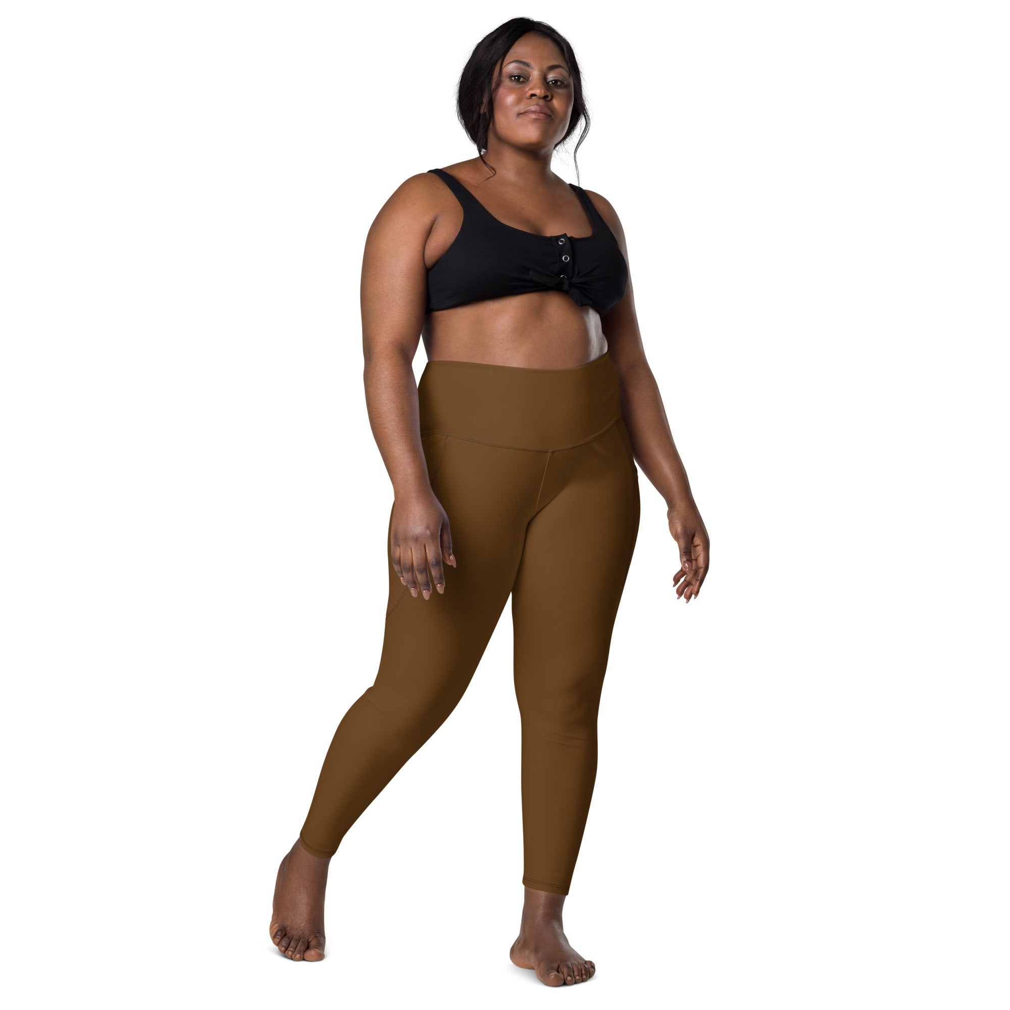 Women’s brown high-waisted yoga leggings with pockets made of smooth stretchy soft compression fabric