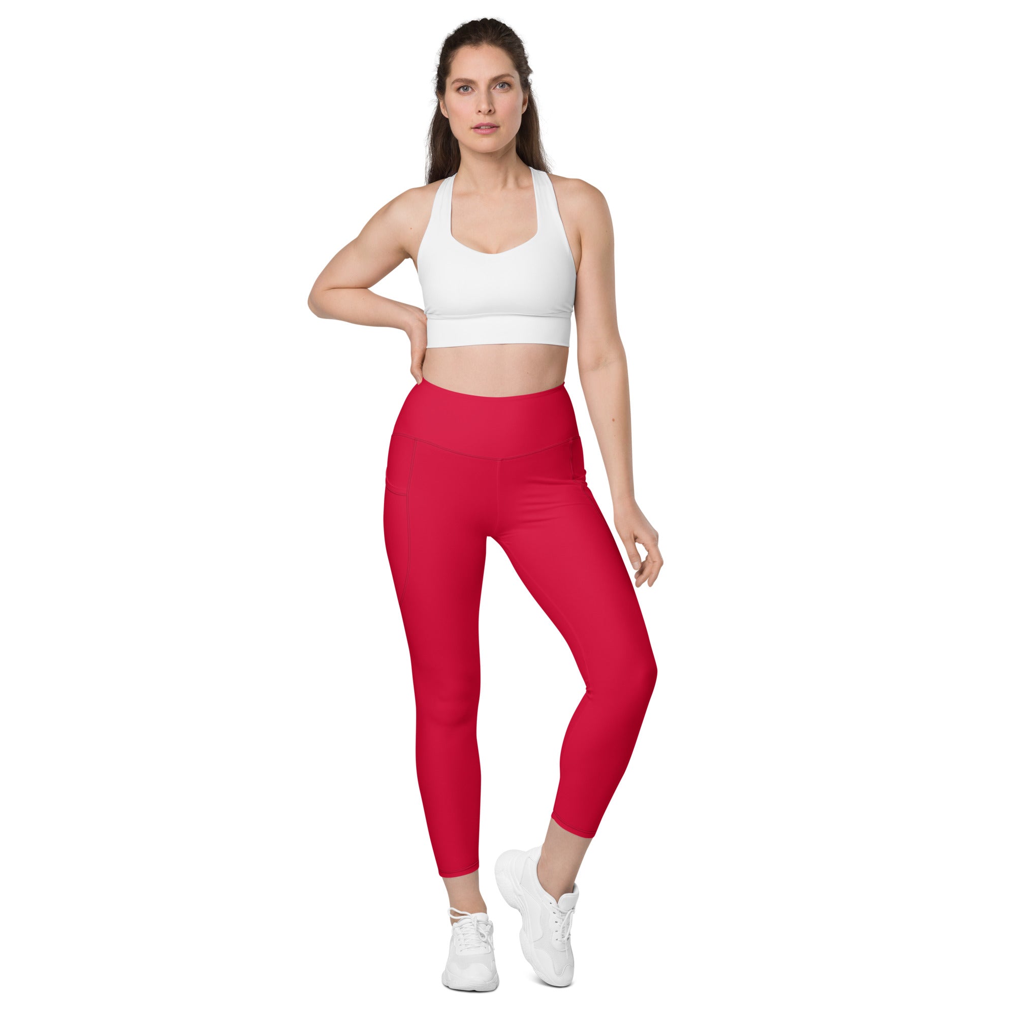 Women’s Crimson Red Yoga Leggings With Pockets – High-Waisted, Soft Compression Active Pants
