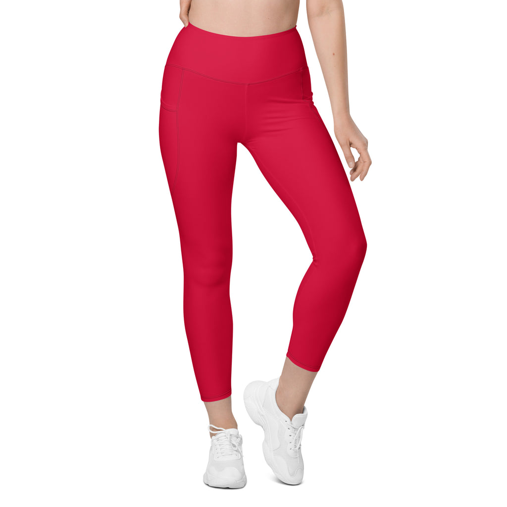 Women’s Crimson Red Yoga Leggings With Pockets – High-Waisted, Soft Compression Active Pants